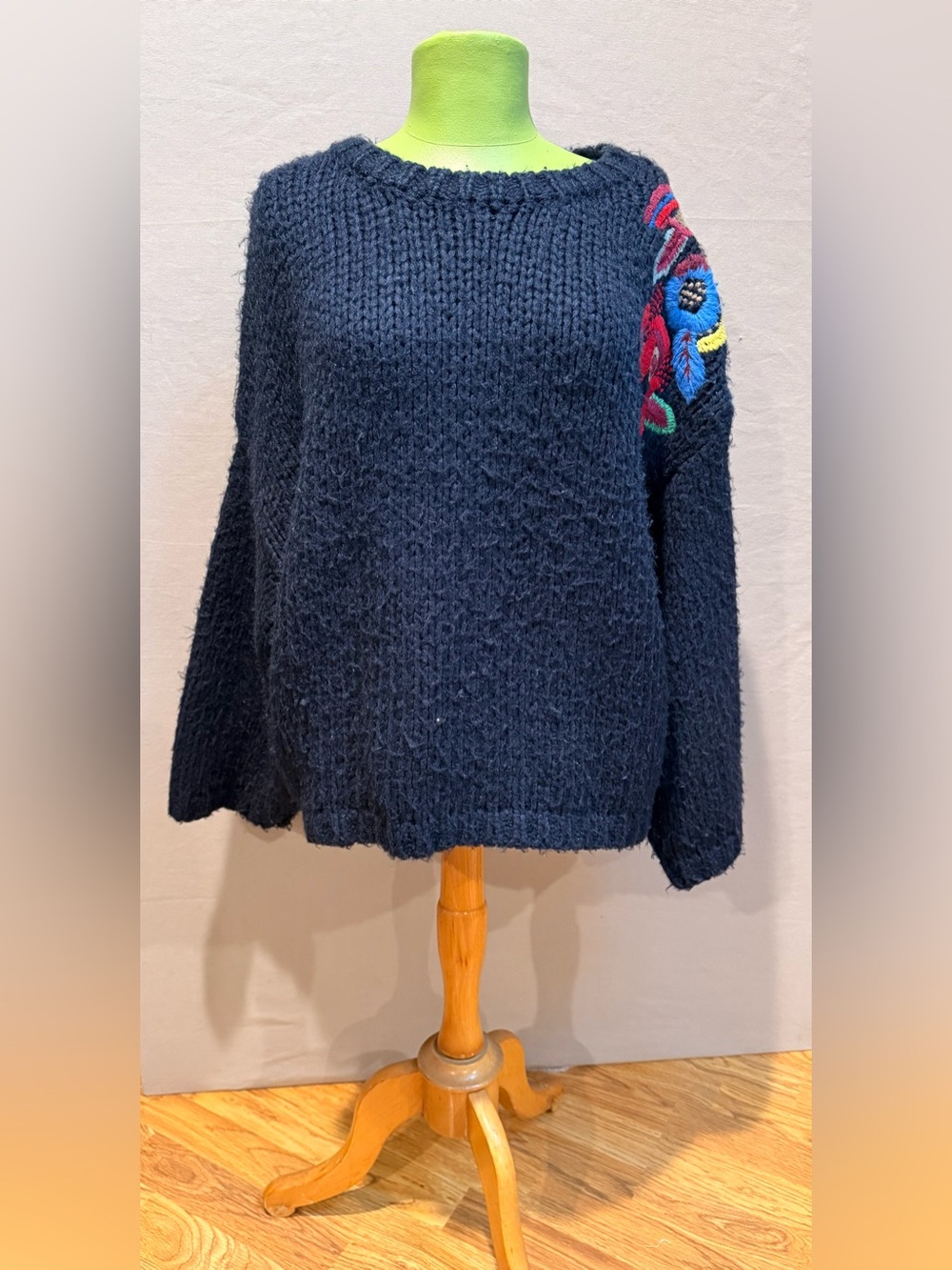 Zara Navy Crewneck Sweater with Colorful Embroidered Shoulder